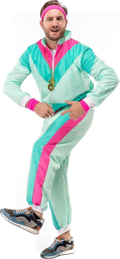 Original Replicas - Jaren 80 & 90 Kostuum - 80s Retro Trainingspak Dancing David - Man - Groen, Roze, Multicolor - Medium - Carnavalskleding - Verkleedkleding