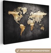 Canvas Wereldkaart - 30x20 - Wanddecoratie Wereldkaart - Goud - Zwart