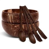 CocoBowls met bestek - Kokosnoot kom - 2 lepels + 2 vorken - Schaaltjes voor Snacks - Smoothie bowl - Ontbijtkommen - Geschenkset - Milieuvriendelijk - Duurzaam Cadeau - set van 2