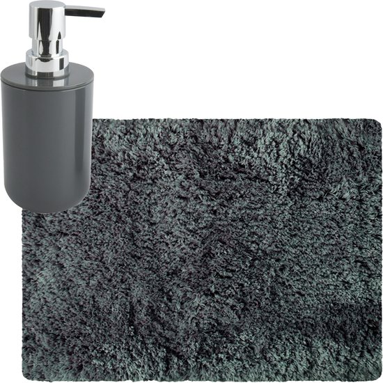 MSV badkamer droogloop tapijt/matje - Langharig - 50 x 70 cm - inclusief zeeppompje in dezelfde kleur - donkergrijs