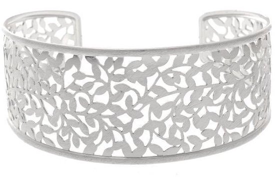 Behave Armband - zilver kleur - open bangle in gekrast design met bladmotief - 17.5cm