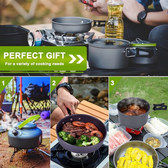 10-delige pannenset, picknickpotten, campingpannenset, draagbare campingwaterkoker, kookuitrusting voor wandelen, backpacken, buiten en grillen (2-3 personen) — afbeelding 3