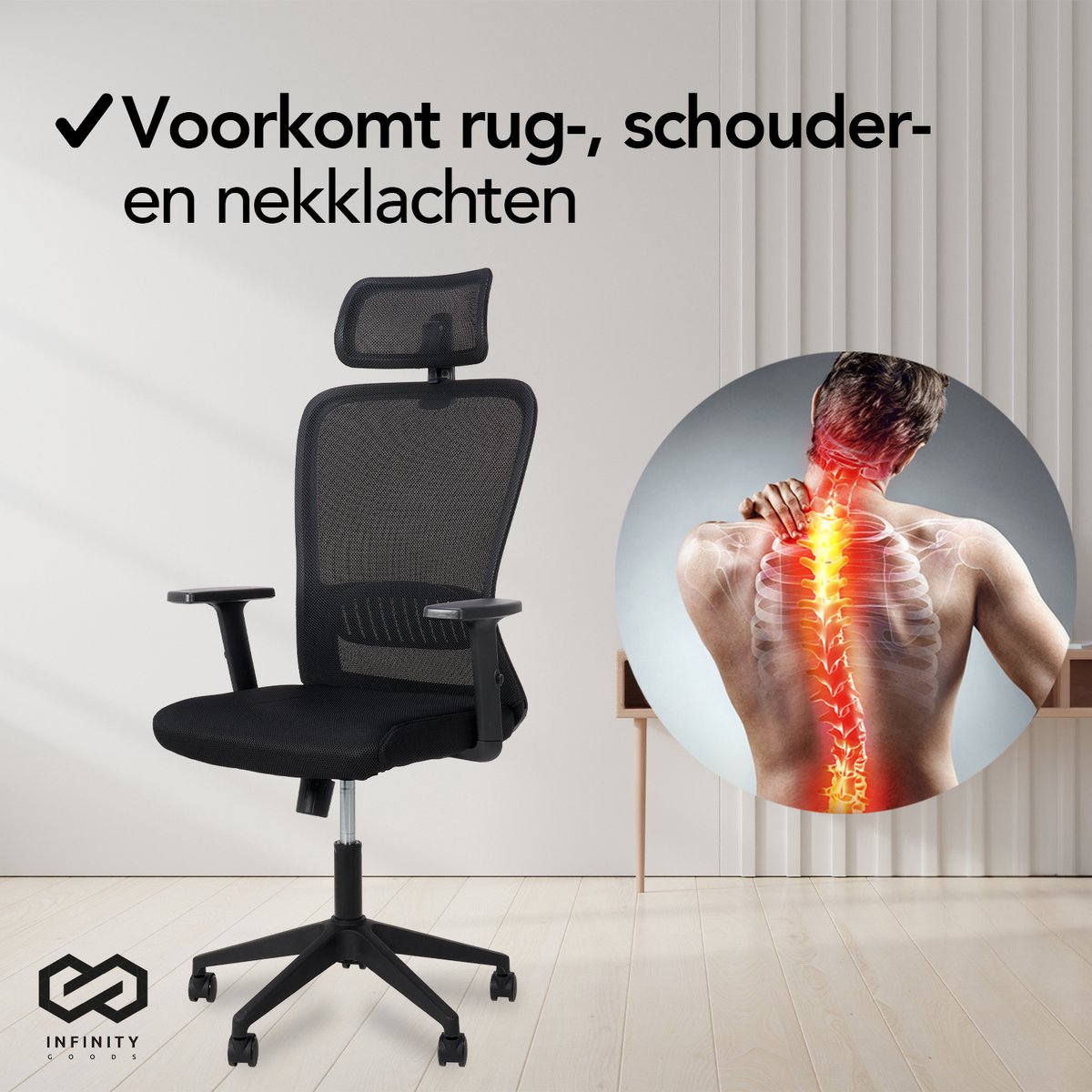 Infinity Goods Ergonomische Bureaustoel - Bureaustoelen Voor Volwassenen - Volledig Verstelbaar - Office Kantoor Chair - Zwart thumbnail 8