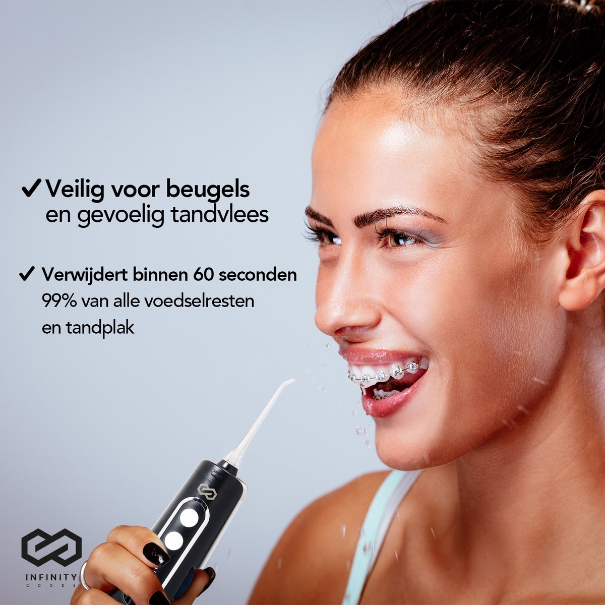 Infinity Goods Waterflosser - Monddouche - Elektrisch Flosapparaat - Draadloos En Oplaadbaar - 5 Opzetstukken - Zwart thumbnail 4