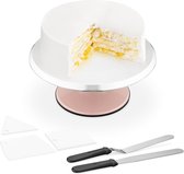 Cake Plate Draaibaar 360° - Draaischijf Set inclusief 2 x Cakemessen 3 x Cakeschrapers - Plateau Mes Spatel voor Taart - Taartstandaard in Metaal Roze