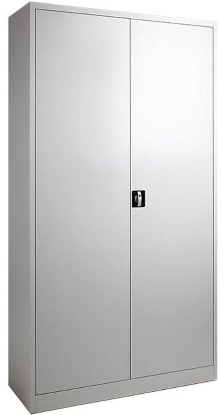 Grijze metalen archiefkast met twee deuren en een centrale handgreep met slot.