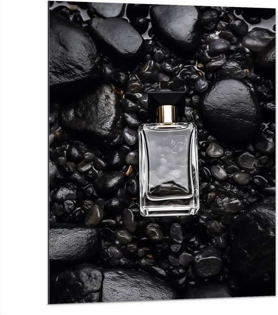 Dibond - Parfum - Flesje - Goud -Zwart - Stenen - 75x100 cm Foto op Aluminium (Met Ophangsysteem)