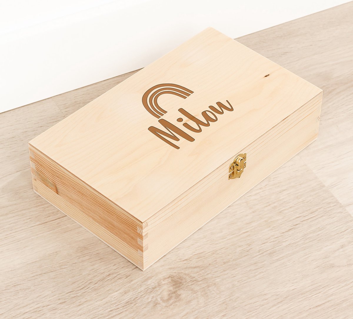 Houten kistje 'Milou' Regenboog - Tekenkist - Herinneringsdoos - Kraamcadeau - Knutseldoos - Memorybox - Baby - Geboorte