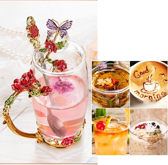 Bloem Glazen Theekopje, Emaille Glazen Kopjes met Delicate Lepel,Rozen Drinkbekers met Handgrepen Koffiebekers,Verjaardag, Valentijnsdag, Moederdag, Huwelijksverjaar (Rood, Hoog) van Bloem — afbeelding 5