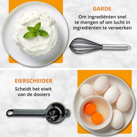 Een garde en een eierscheider naast een taart en eieren.