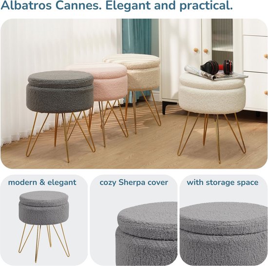 ELYFLAIR® Ronde fluwelen kruk met opbergruimte en zitkussen, voetenbankje, zitkruk, zitkruk, stoelinterieur, make-uptafel, accessoire, decoratie voor volwassenen en kinderen, 31 cm, hoogte 38 cm