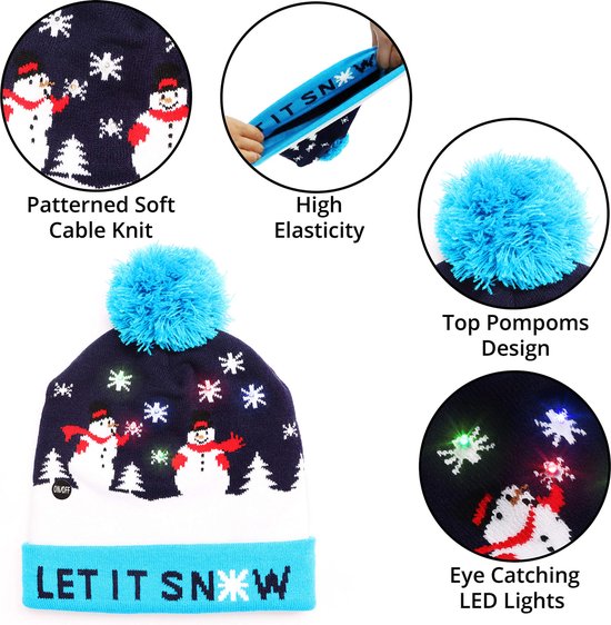 Bonnet De Noël LED (lot De 2) - Lumière Clignotante, 3 Modes, Motifs Flocons/rennes, Taille Adulte - 14
