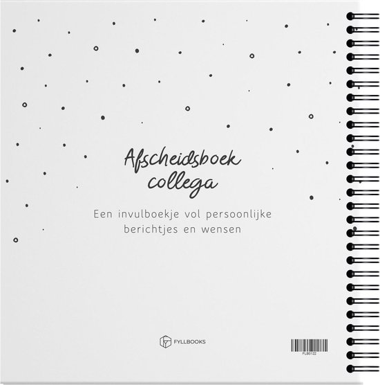 De achterkant van een afscheidsboekje met de tekst 'Afscheidsboek collega' en 'Een invulboekje vol persoonlijke berichtjes en wensen'.