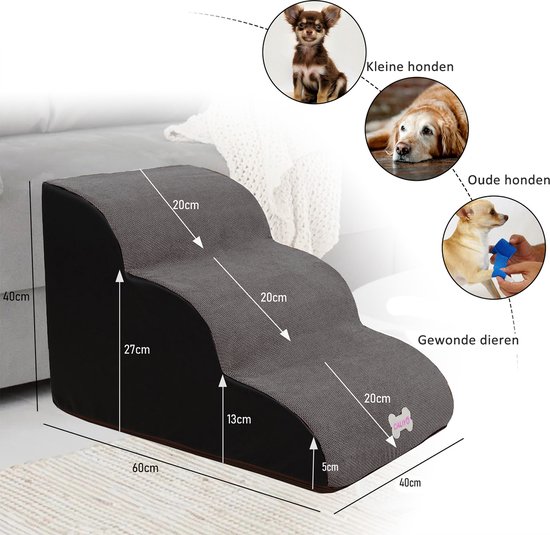 CALIYO Hondentrap - Trap Hond 3 Treden – 40x60x40 cm - Hondentrapje voor Honden - Hondenloopplank - Opstapje Hond - Foam - Grijs - Caliyo