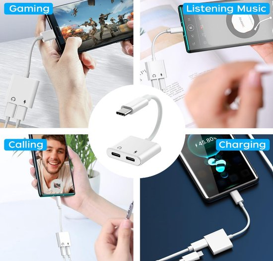 Multifunctionele USB-C adapter voor gamen, muziek luisteren, bellen en opladen.