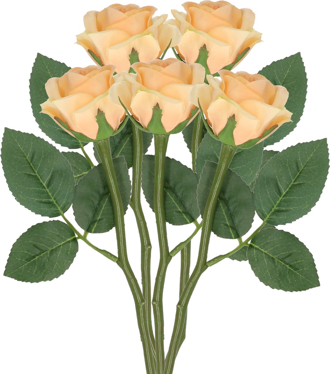 Top Art Kunstbloem roos Nina - 5x - perzik kleur - 27 cm - kunststof steel - decoratie bloemen Perzik oranje