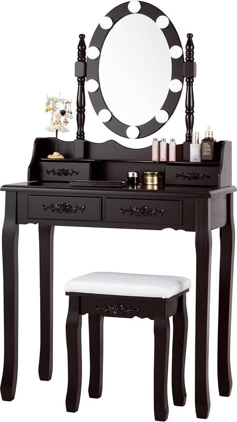 Table de maquillage en MDF sonoma coiffeuse avec miroirs et LEDs + tabouret  noir