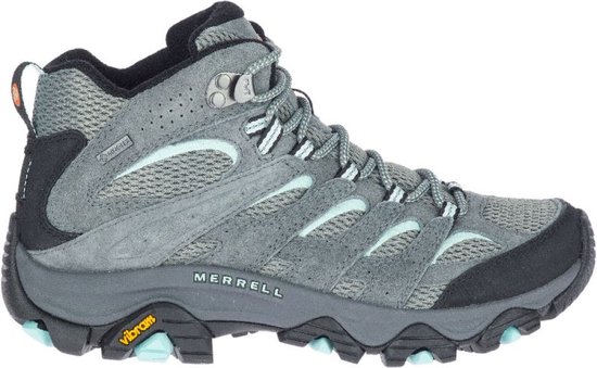 Grijze Merrell wandelschoen met turquoise accenten, mesh en suède.