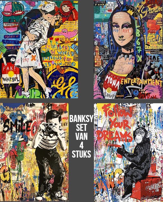 Allernieuwste.nl® Canvas Schilderij SET van 4 STUKS Banksy Graffiti Modern Street Art Collection PopArt - Posters - 4x 40 x 60 cm SET - Kleur