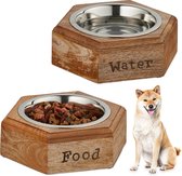 Relaxdays hondenvoerbakken met standaard - eetbak en waterbak - rvs & hout - 1 liter