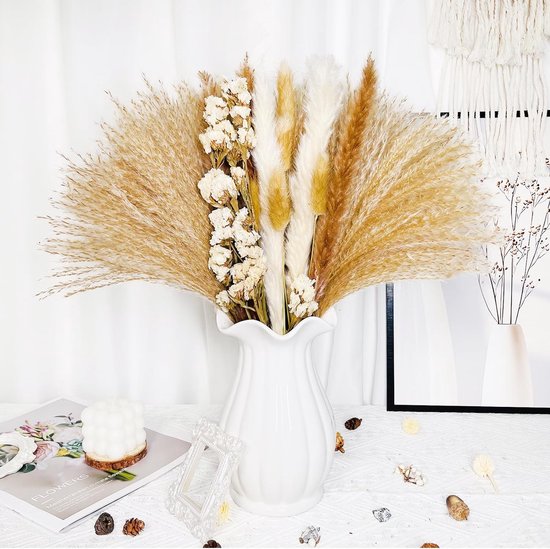 Pampas Gras Gedroogd Natuurlijk Gedroogde Bloemen Deco DIY Droog Bloemen Boeket, Pampas Gras Boeket Rietbloem Deco Ideaal voor Boho Woonkamer (70pcs)