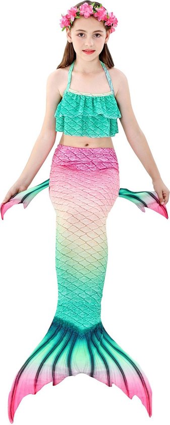 Zeemeerminstaart inclusief monovin en bikini set - Mermaid staart Oceans roze - Maat 128/134 - Merkloos
