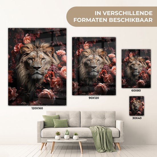 MuchoWow® Glasschilderij 90x120 cm - Schilderij acrylglas - Leeuw - Dier - Natuur - Botanisch - Bloemen - Roze - Foto op glas - Muurdecoratie woonkamer - Wanddecoratie slaapkamer - Schilderijen