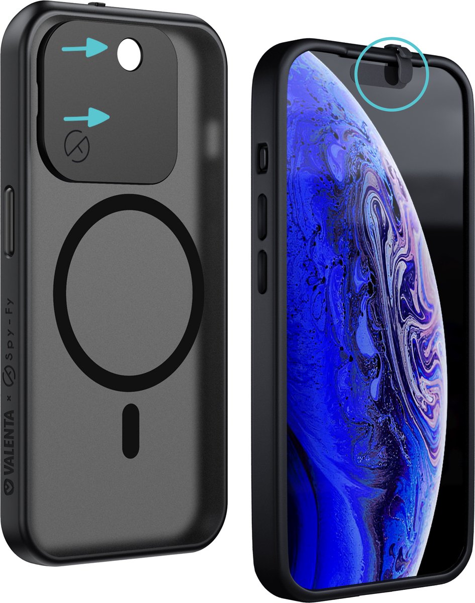 Valenta x Spy-Fy - iPhone 15 Pro Max Hoesje met Camera Covers aan Voor- én Achterkant | Beschermt je Privacy en je Camera’s | Valenta Privacy Case Smokey Zwart