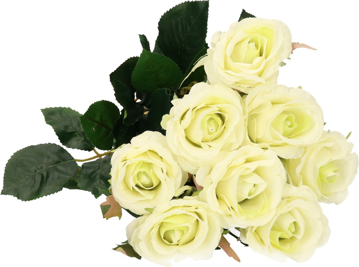 Mica Decorations Kunstbloemen boeket roos Elena - 8x - creme - 48 cm - kunststof steel - b