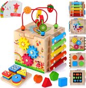 Motoriekactiviteitenkubus van Hout - Educatief Speelgoed - Montessori Speelgoed - 8-in-1 - Speelgoed - Cadeau voor 1 - 4 jaar - Jongens en meisjes - Stapelplank en Sorteerplank - Montessori woordkaart - Educatief speelgoed