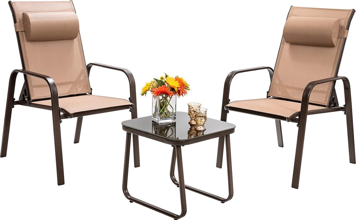 3-delige bistroset balkonset, salontafel van gehard glas & 2 stapelbare stoelen met verstelbare rugleuning en hoofdsteun, tuinset, tuinmeubelen, zitgroep (bruin)