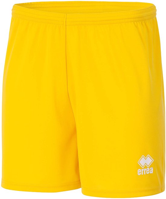 Gele Errea sportshort met wit logo op de zijkant.