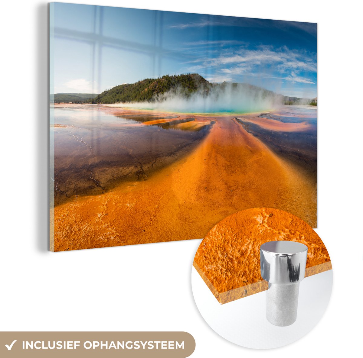 ® Glasschilderij 30x20 cm - Schilderij acrylglas - Een stomende geiser in het Nationaal pa