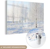MuchoWow® Glasschilderij 120x80 cm - Schilderij acrylglas - Sneeuw - Bomen - Winter - Foto op glas - Schilderijen
