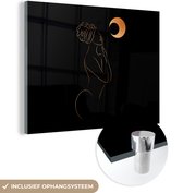 MuchoWow® Glasschilderij 80x60 cm - Schilderij acrylglas - Vrouw - Maan - Goud - Line art - Foto op glas - Schilderijen