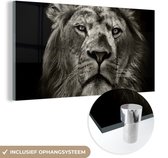 Glasschilderij leeuw - Dieren - Portret - Zwart - Schilderij glas - Glas met foto - Woonkamer - Slaapkamer decoratie - 160x80 cm - Wanddecoratie glas - Glasplaat - Glazen decoratie