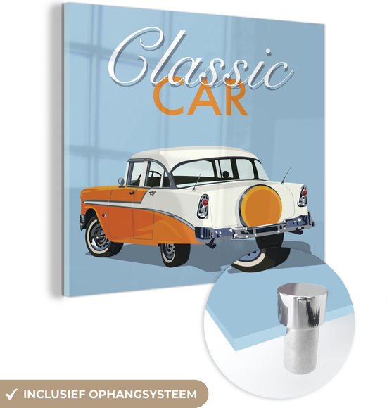 MuchoWow® Glasschilderij 50x50 cm - Schilderij acrylglas - Illustratie van een Amerikaanse auto in het oranje - Foto op glas - Schilderijen