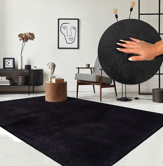 Vloerkleed voor woonkamer of slaapkamer in zwart 160x220 cm - Modern en zacht laagpolig tapijt - Rechthoekig - Antislip onderkant - Wasbaar tot 30 Graden - RELAX kleed by The Carpet