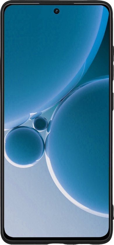 Zwarte telefoonhoes met aan de voorkant een scherm met een blauwe, abstracte achtergrond.