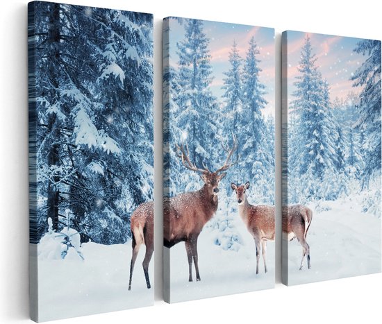 Artaza Canvas Schilderij Drieluik Twee Herten In Het Bos Met Sneeuw - 90x60 - Foto Op Canvas - Canvas Print