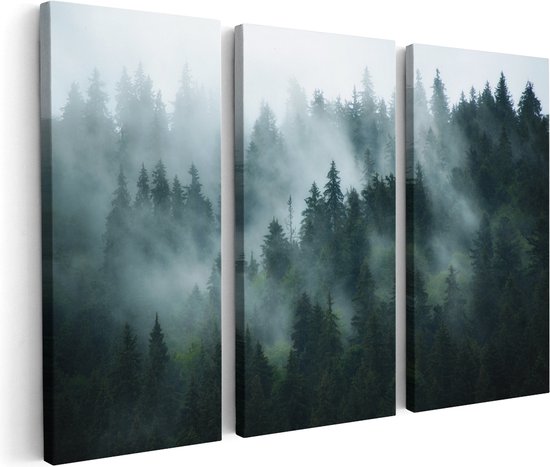 Artaza Canvas Schilderij Drieluik Bos Met Bomen In De Mist - 150x100 - Groot - Foto Op Canvas - Canvas Print