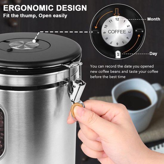Nizirioo Koffieblik van 1,8 liter, luchtdicht, van roestvrij staal, koffieblik, aromadicht, met lepel, koffiebonen, container, voorraaddoos met datumweergave, koffiebonen, opbergdoos, zwart