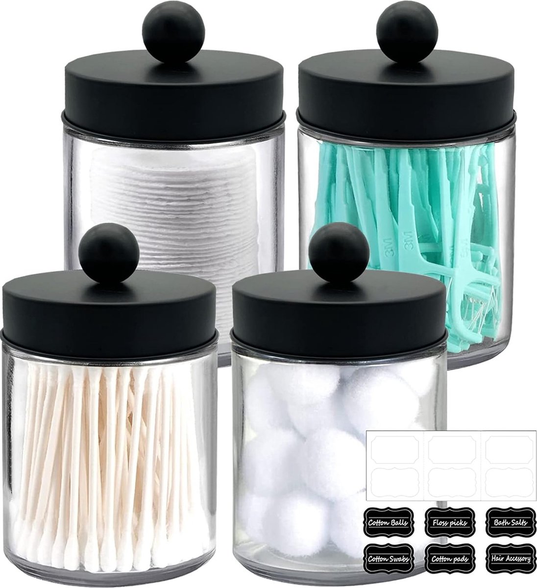 Glazen wattenstaafjes, make-uptafel, badkamerorganizer, set met matzwarte roestvrijstalen deksels, wattenschijfje, make-up-organizer voor wattenstaafjes, wattenschijfjes, tandzijdepicks, set van 4