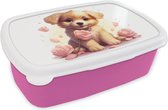 Broodtrommel Roze - Lunchbox Hond - Bloemen - Roze - Meisjes - Kind - Brooddoos 18x12x6 cm - Brood lunch box - Broodtrommels voor kinderen en volwassenen