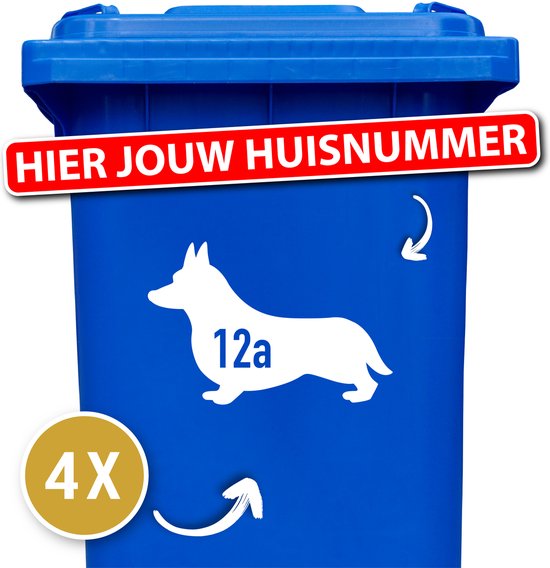 Blauwe container met witte Corgi sticker met huisnummer "12a". Rode tekstbalk "HIER JOUW HUISNUMMER" en "4X".