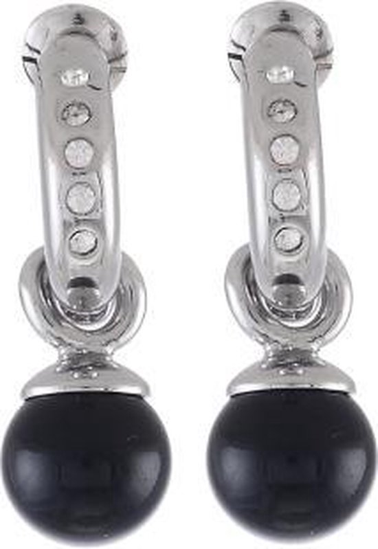 Behave Oorbellen - dames - oorringen - oorhangers - met zwarte parel - en mooie kristalstenen - zilver kleur - 2.5 cm