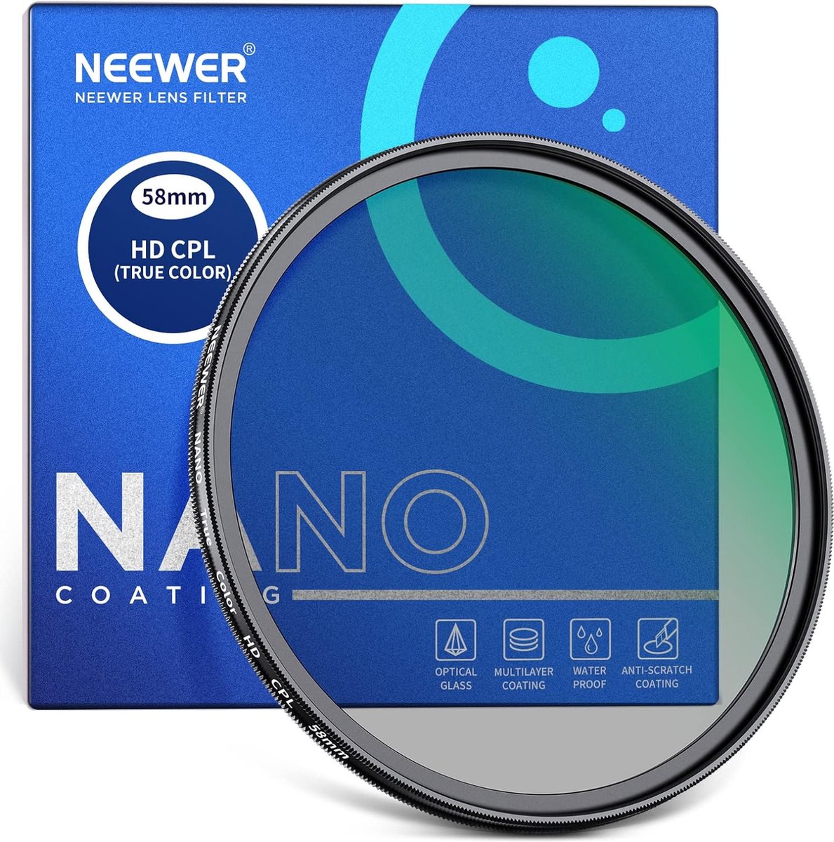 Neewer® - 58mm Echte Kleuren CPL-filter, Circulair Polariserend Filter met HD Optisch Glas en Dubbelzijdige 30-Laag Nano-coatings, Aluminium Frame/Waterbestendig/Krasbestendig/Anti-Vingerafdruk
