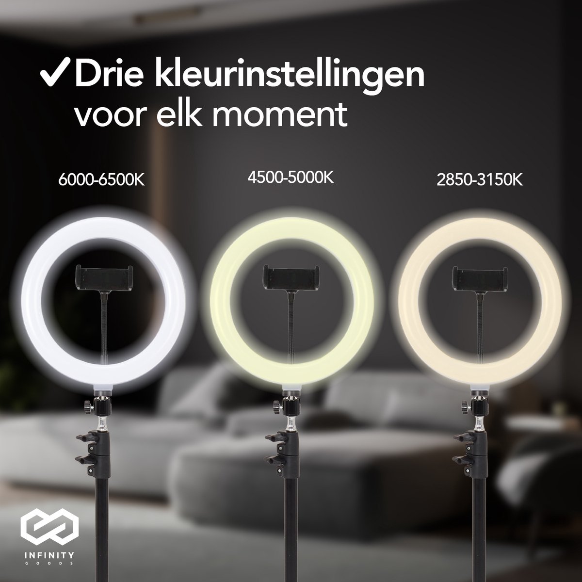 Infinity Goods Ring Light Met Statief - LED - 3 Kleuren - Verstelbaar Statief Tot 186m - Inclusief Stekker - Selfie Ringlight voor Tiktok / Instagram / Youtube / Streaming / Thuis Werken - Zwart thumbnail 2