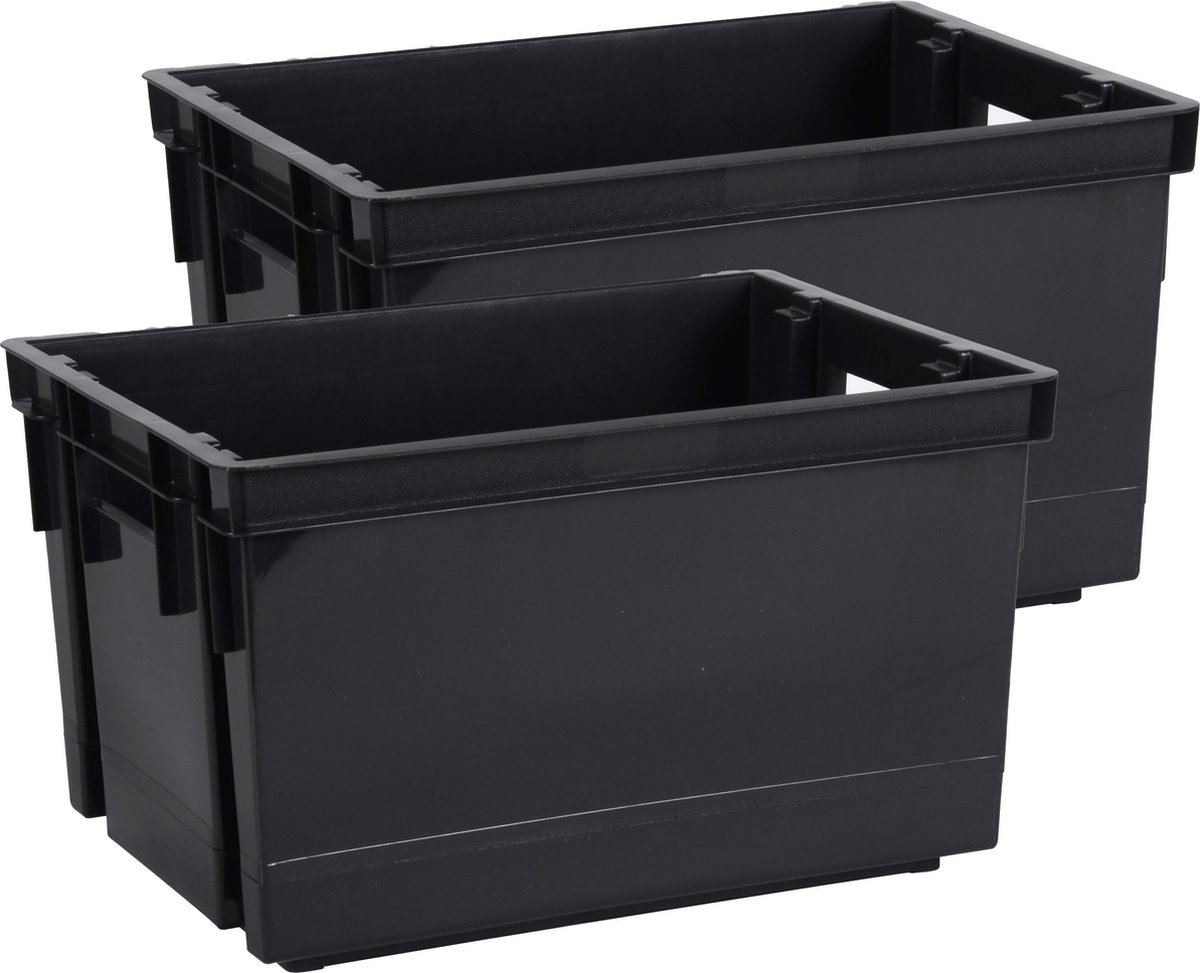 EDA Opbergbox/opbergkrat 20 L - 2x - zwart - kunststof - 39 x 29 x 23 - stapelbaar/nestbaar - Opbergbox