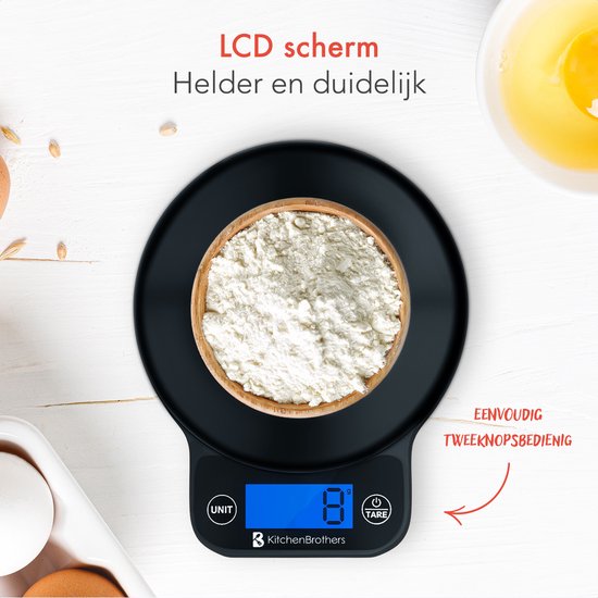KitchenBrothers Keukenweegschaal - Weegschaal Keuken Digitaal - 1 g tot 6 kg - Tarra Functie - Zwart